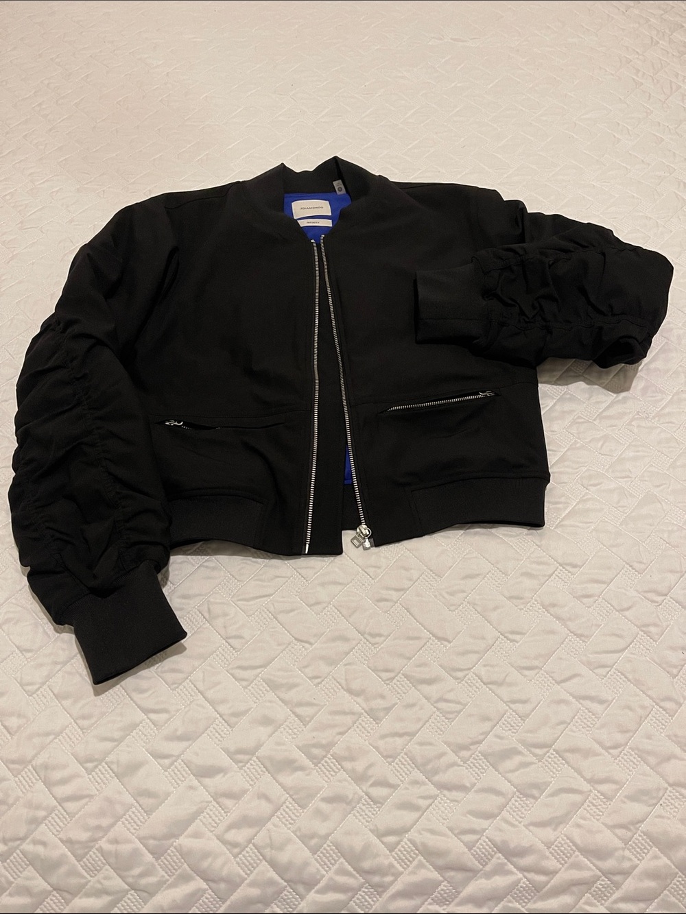 7 diamonds infinity Women's Black Bomber Jacket with Ruched Sleeves